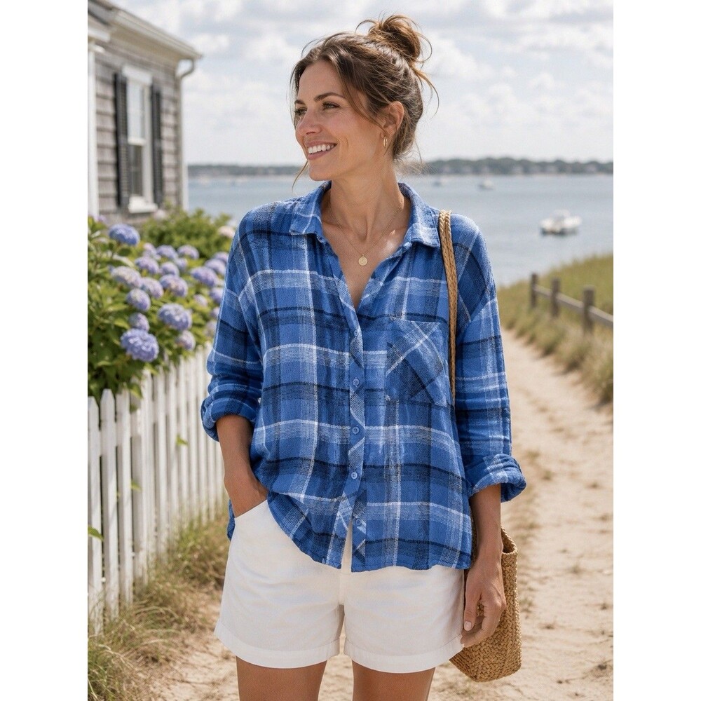 ✿ Cloth & Stone Blue Plaid Button Shirt M | Soft Lightweight Boxy Anthro Gauzy